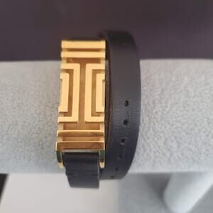 Tory Burch Fit Bit Double Wrap Bracelet 18k Yellow Gold and Black Leather